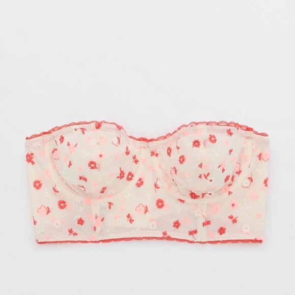 Strapless Floral Bustier Bra - Cream With Coral Floral